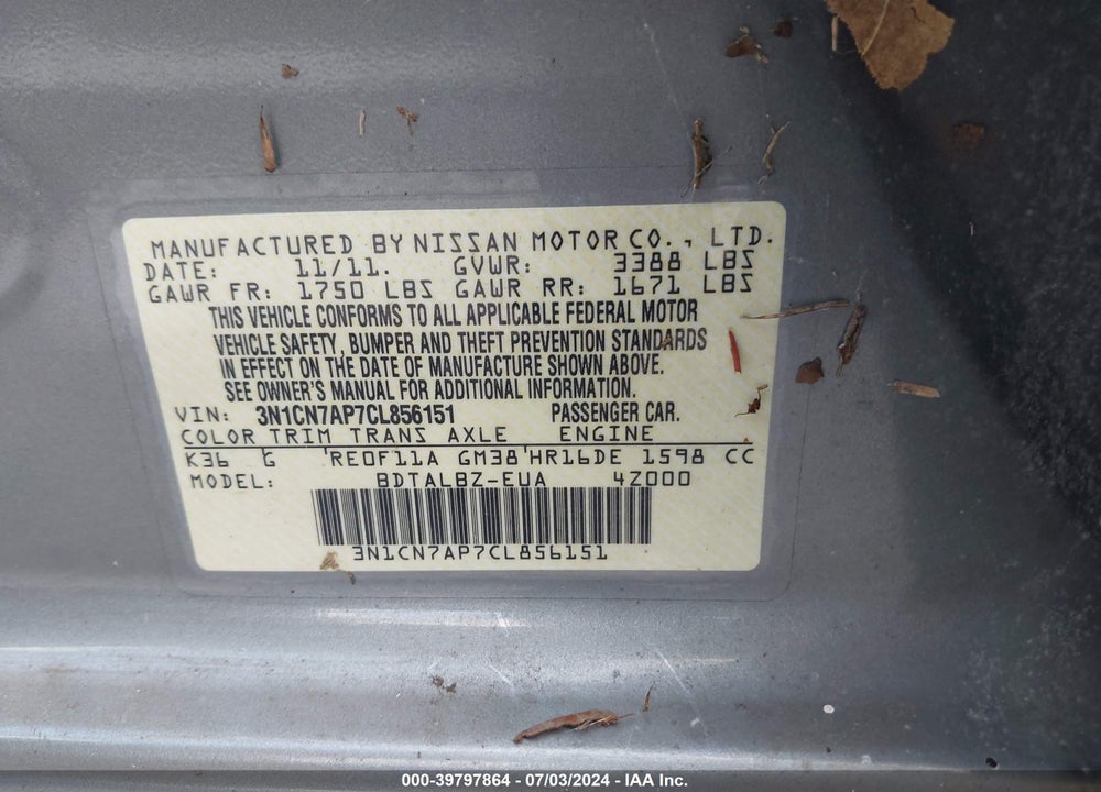 2012 NISSAN VERSA 1.6 SV VIN: 3N1CN7AP7CL856151