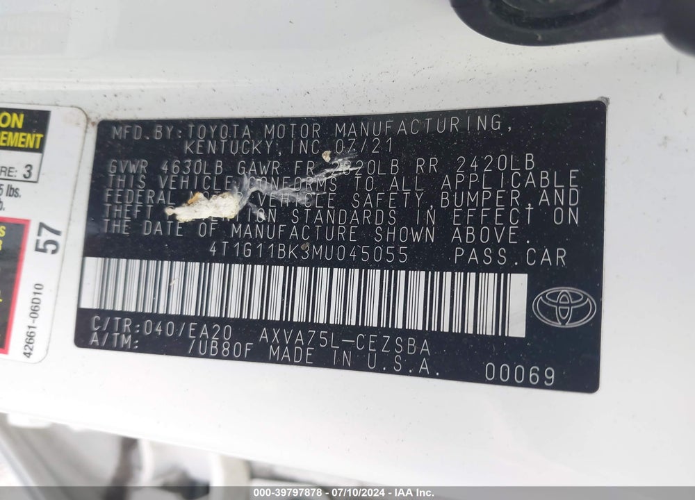 2021 TOYOTA CAMRY SE AWD VIN: 4T1G11BK3MU045055
