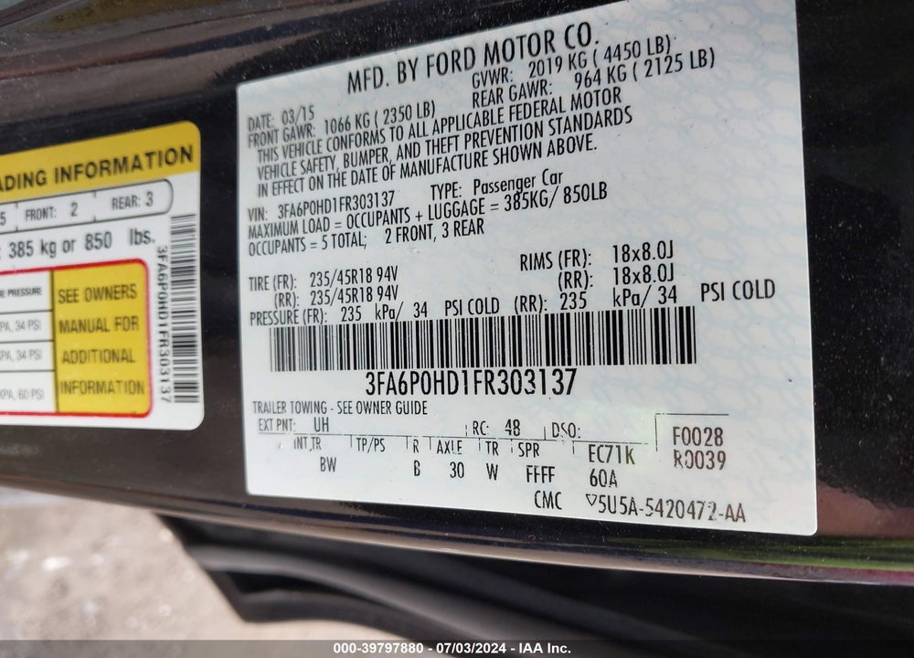 2015 FORD FUSION SE VIN: 3FA6P0HD1FR303137