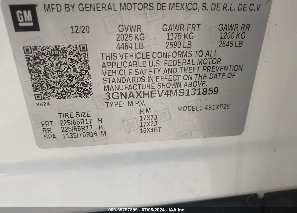 2021 CHEVROLET EQUINOX FWD LS VIN: 3GNAXHEV4MS131859