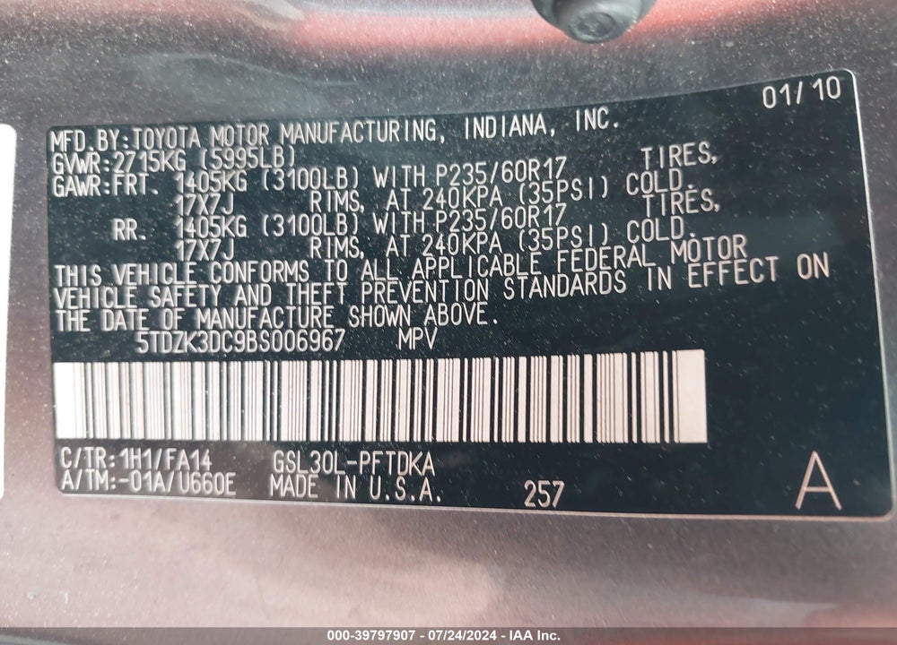 2011 TOYOTA SIENNA BASE V6 VIN: 5TDZK3DC9BS006967