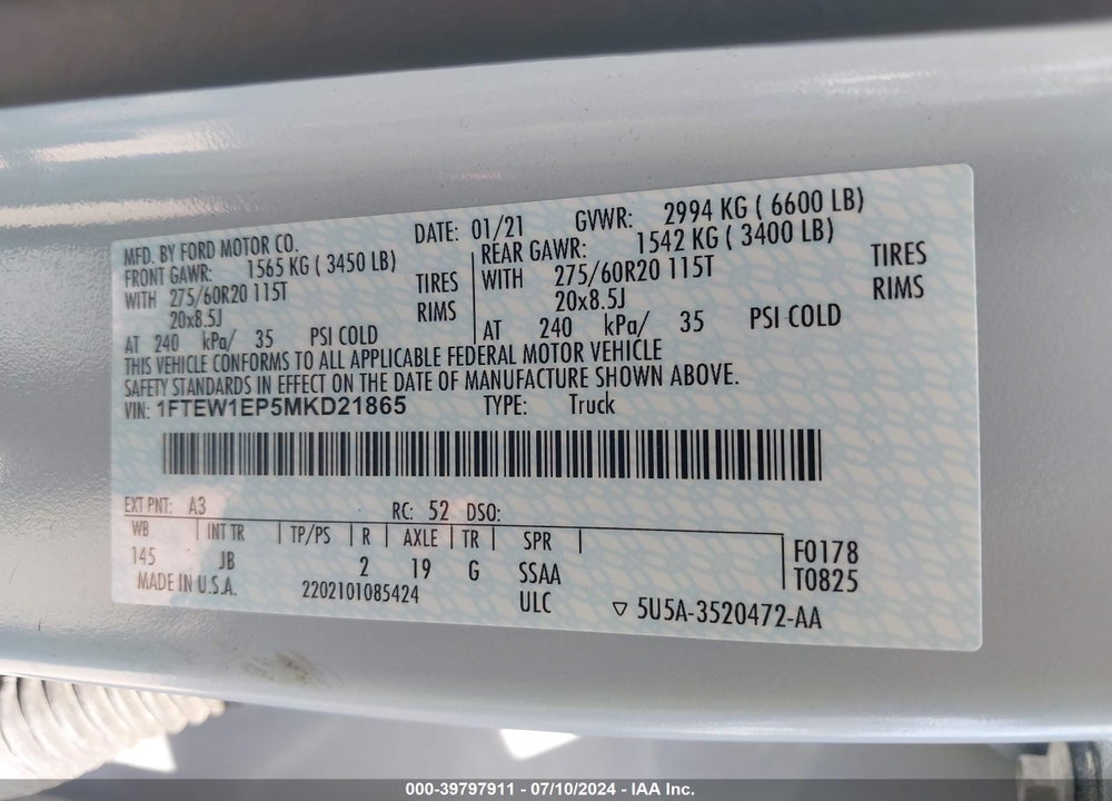 2021 FORD F-150 VIN: 1FTEW1EP5MKD21865