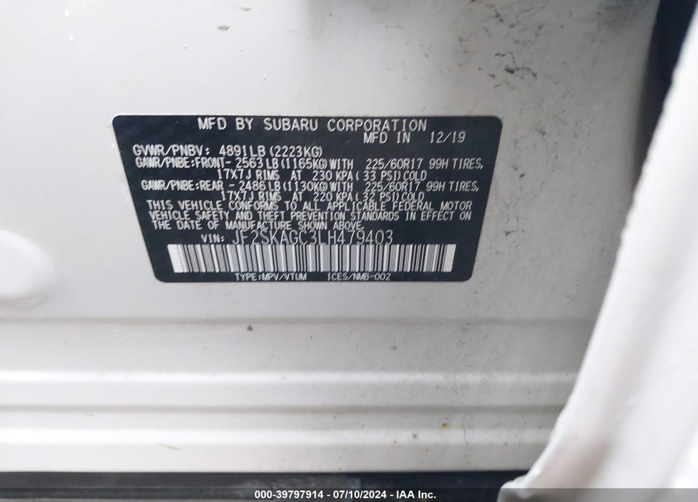 2020 SUBARU FORESTER PREMIUM VIN: JF2SKAGC3LH479403