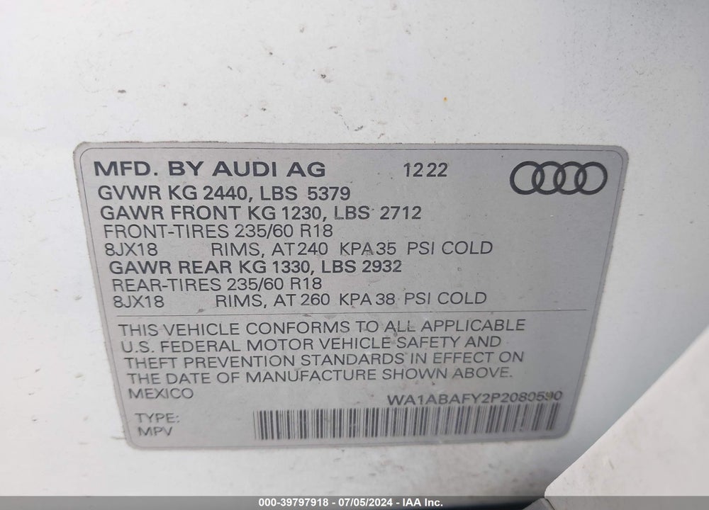 2023 AUDI Q5 PREMIUM 40 TFSI QUATTRO S TRONIC VIN: WA1ABAFY2P2080590