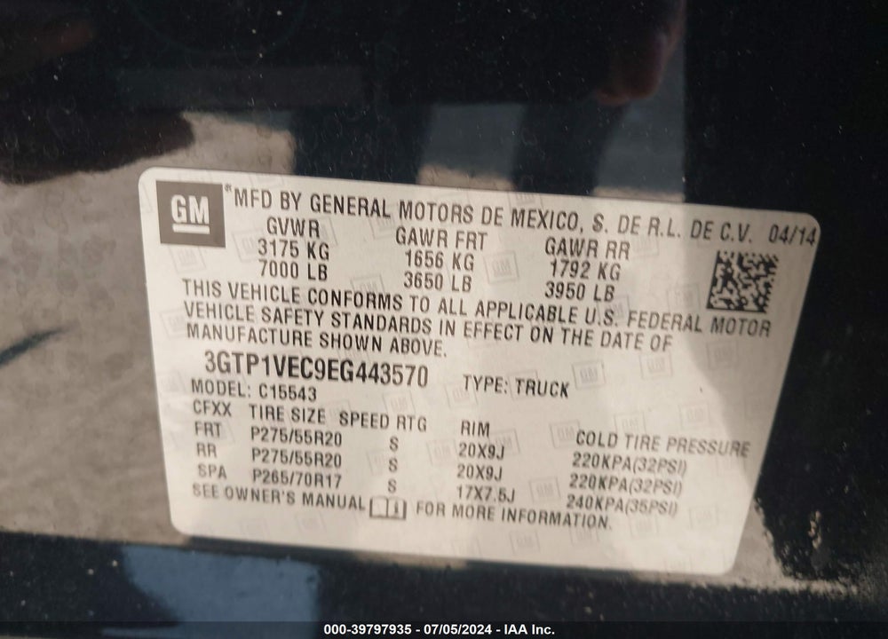 2014 GMC SIERRA 1500 SLT VIN: 3GTP1VEC9EG443570