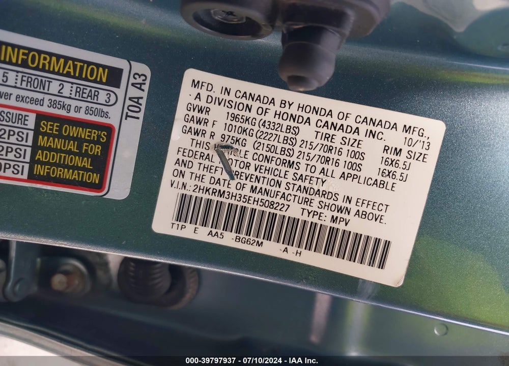 2014 HONDA CR-V LX VIN: 2HKRM3H35EH508227