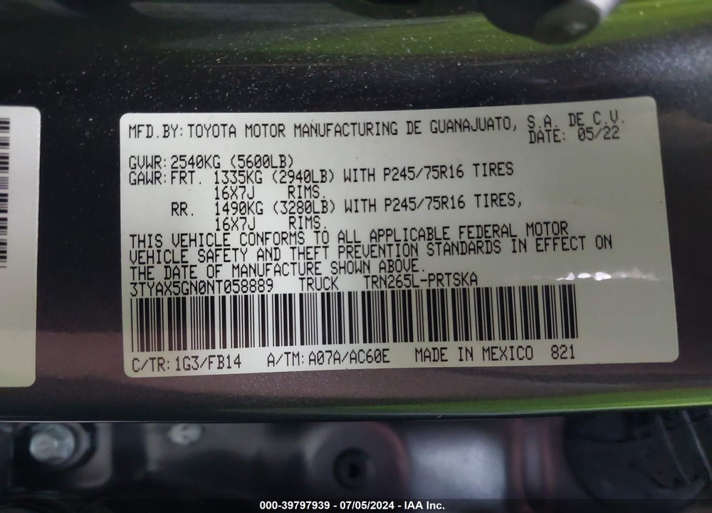 2022 TOYOTA TACOMA SR VIN: 3TYAX5GN0NT058889