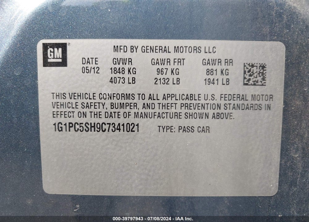 2012 CHEVROLET CRUZE LS VIN: 1G1PC5SH9C7341021