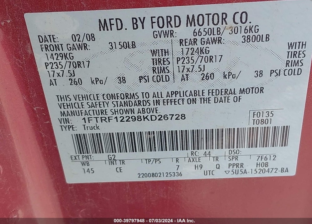 2008 FORD F-150 STX/XL/XLT VIN: 1FTRF12298KD26728