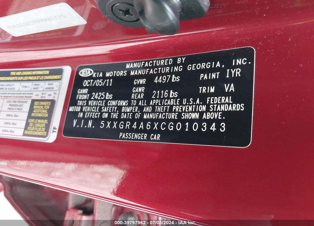 2012 KIA OPTIMA SX VIN: 5XXGR4A6XCG010343