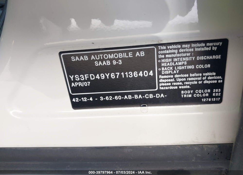 2007 SAAB 9-3 2.0T VIN: YS3FD49Y671136404