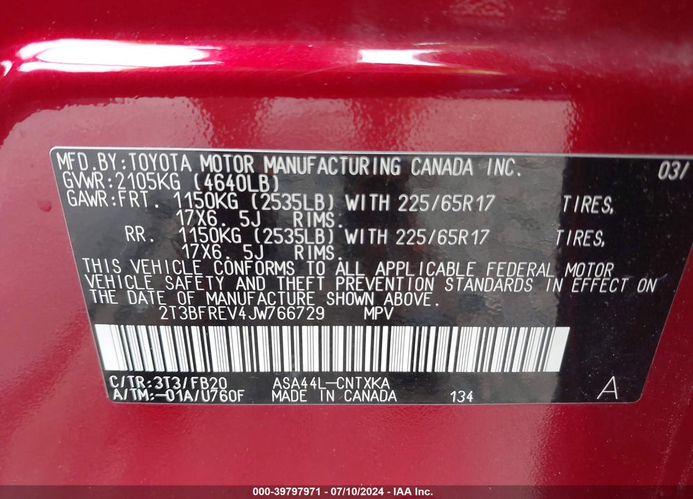 2018 TOYOTA RAV4 LE VIN: 2T3BFREV4JW766729