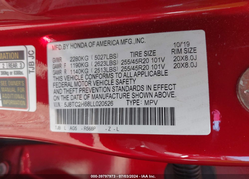 2020 ACURA RDX A-SPEC PACKAGE VIN: 5J8TC2H68LL020526