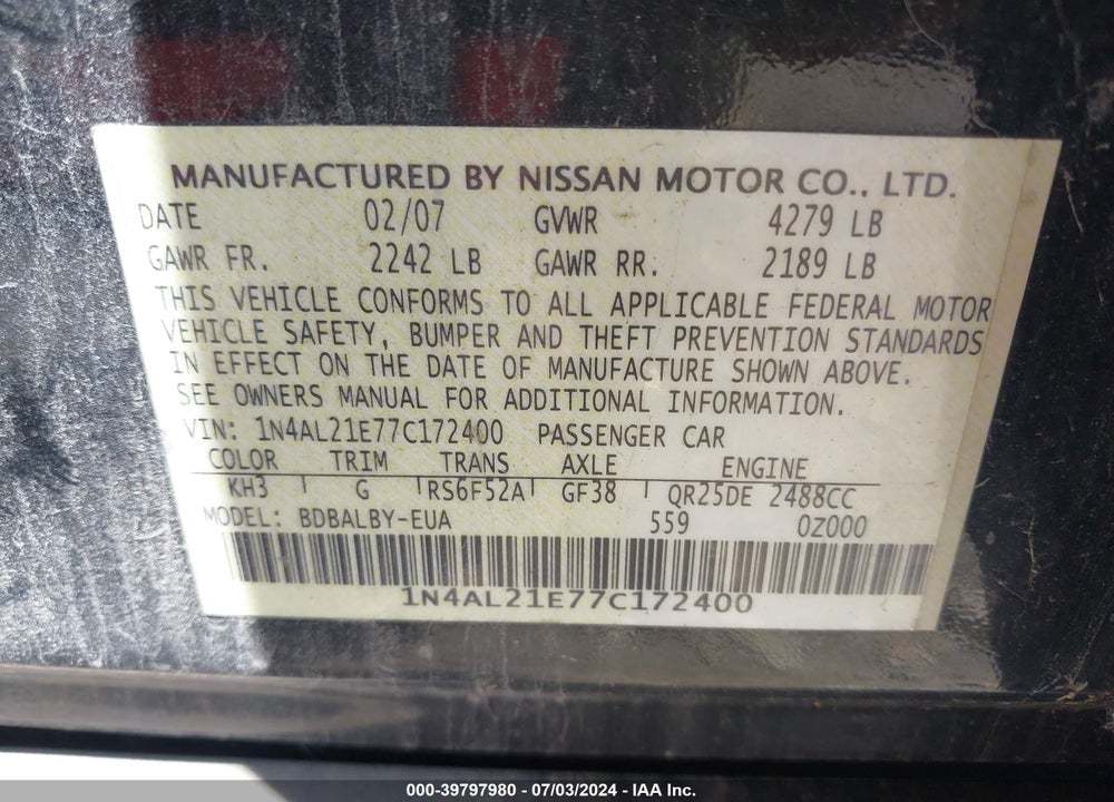 2007 NISSAN ALTIMA 2.5 S VIN: 1N4AL21E77C172400