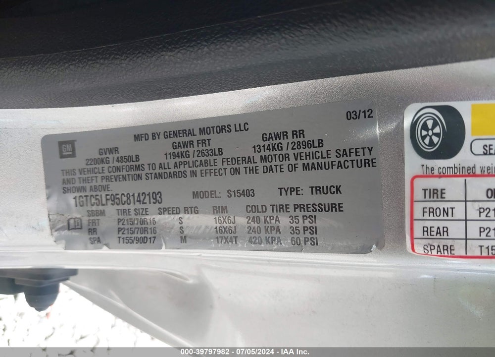 2012 GMC CANYON VIN: 1GTC5LF95C8142193