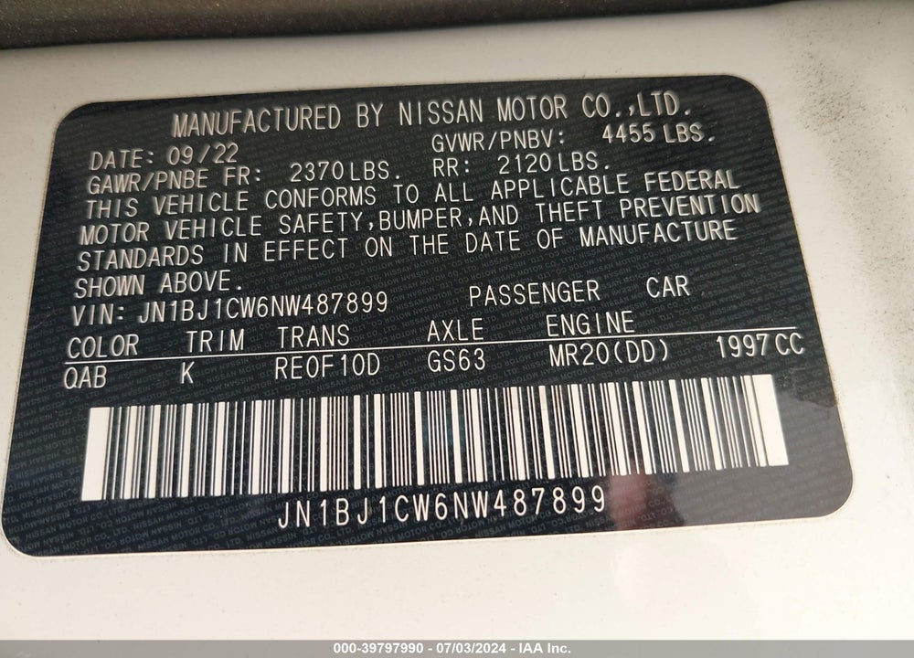 2022 NISSAN ROGUE SPORT SL AWD XTRONIC CVT VIN: JN1BJ1CW6NW487899