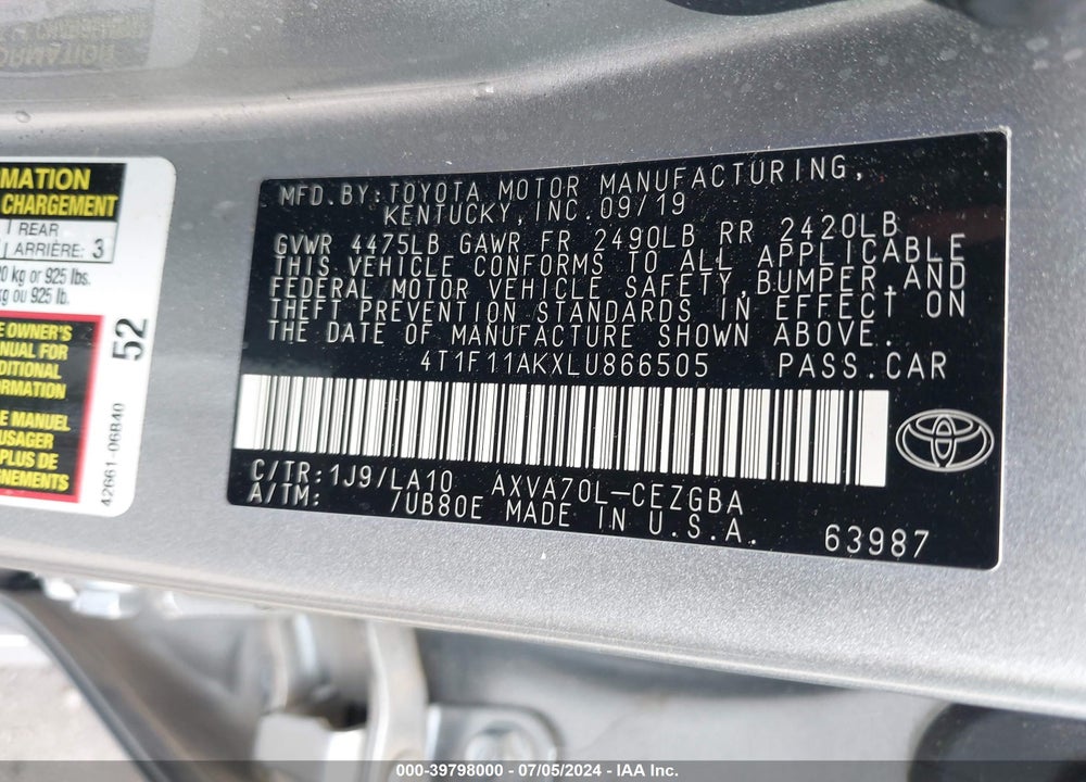 2020 TOYOTA CAMRY XLE VIN: 4T1F11AKXLU866505