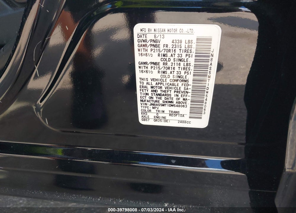2013 NISSAN ROGUE S VIN: JN8AS5MT1DW548063