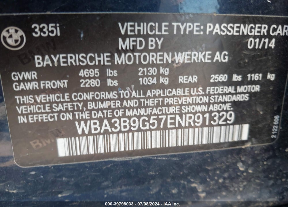 2014 BMW 335I XDRIVE VIN: WBA3B9G57ENR91329