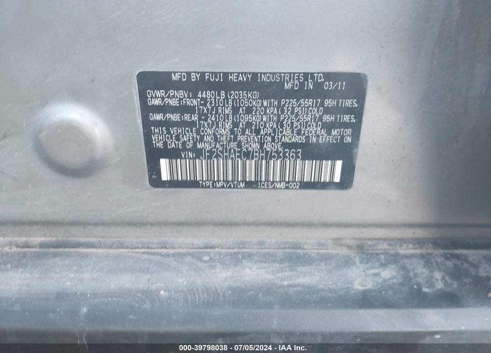 2011 SUBARU FORESTER 2.5X LIMITED VIN: JF2SHAEC7BH753363