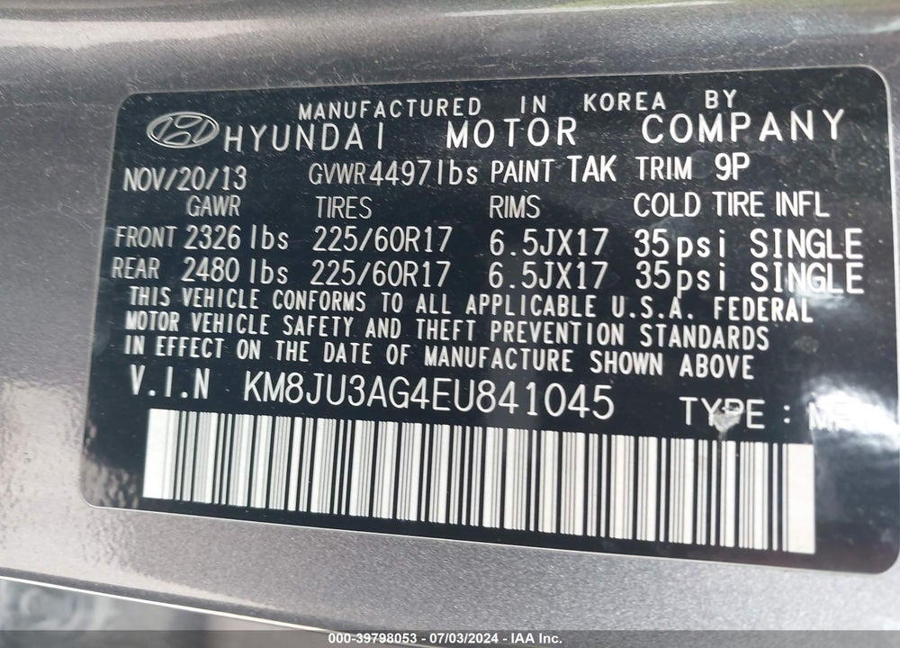 2014 HYUNDAI TUCSON SE VIN: KM8JU3AG4EU841045