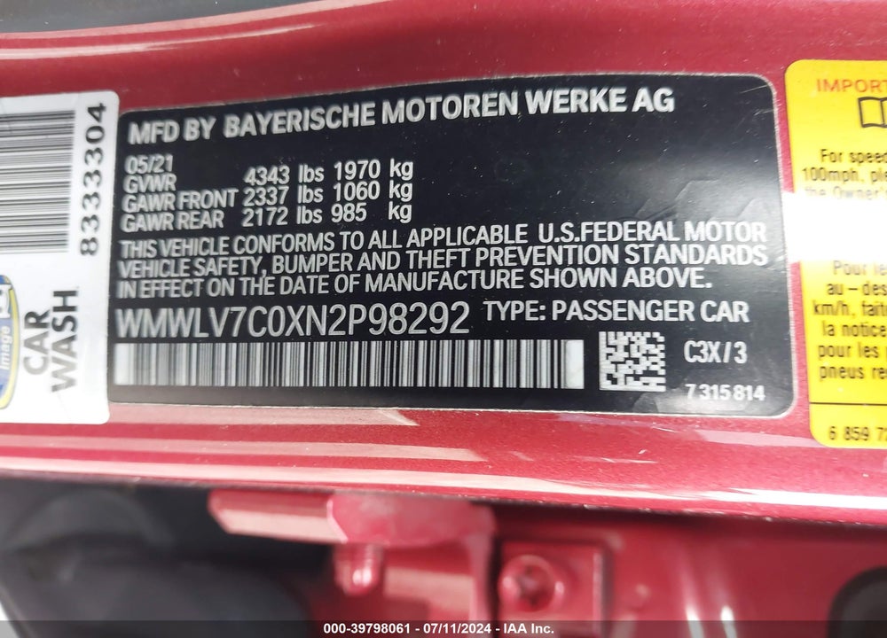 2022 MINI CLUBMAN COOPER S VIN: WMWLV7C0XN2P98292