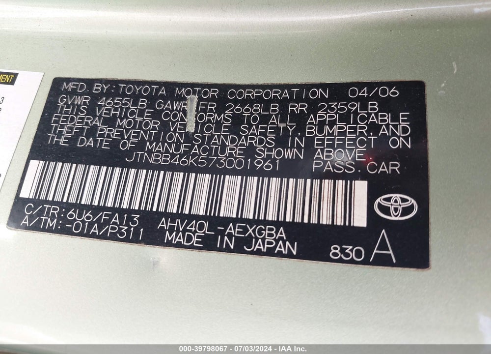 2007 TOYOTA CAMRY HYBRID VIN: JTNBB46K573001961