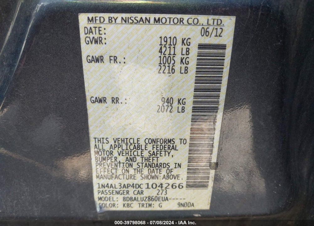 2013 NISSAN ALTIMA 2.5 SV VIN: 1N4AL3AP4DC104266
