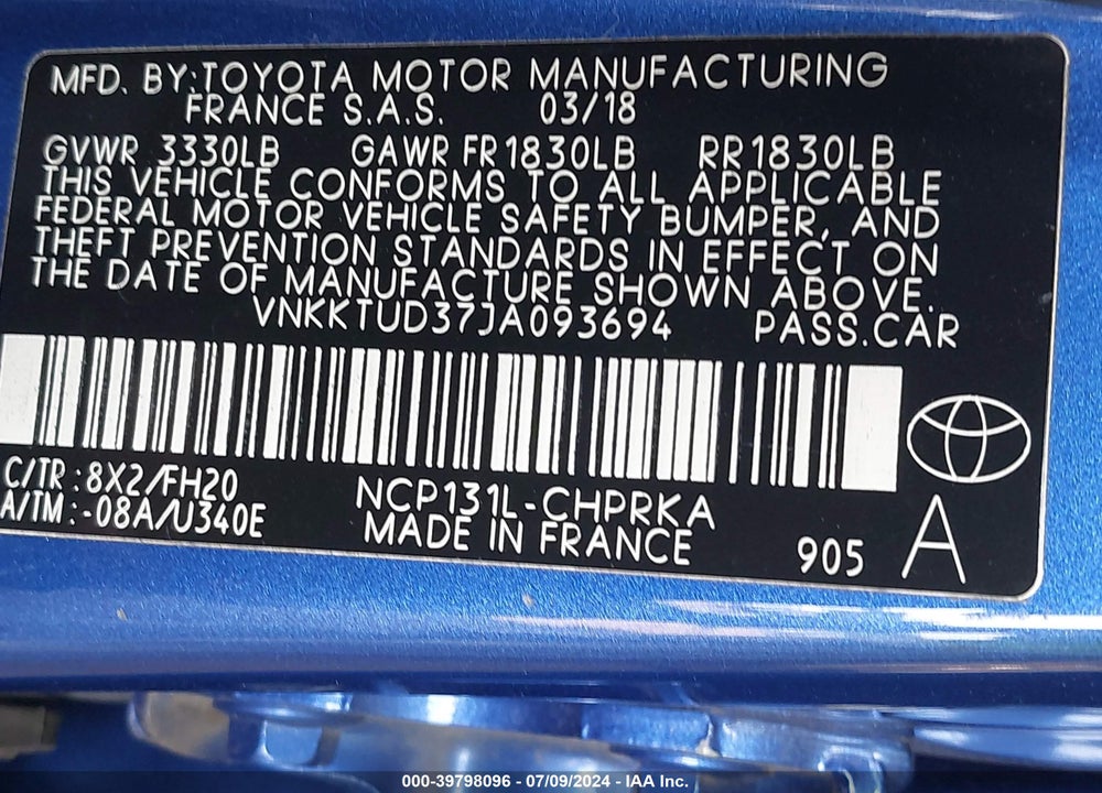 2018 TOYOTA YARIS L VIN: VNKKTUD37JA093694
