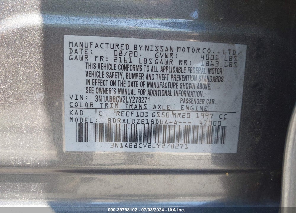2020 NISSAN SENTRA SV XTRONIC CVT VIN: 3N1AB8CV2LY278271