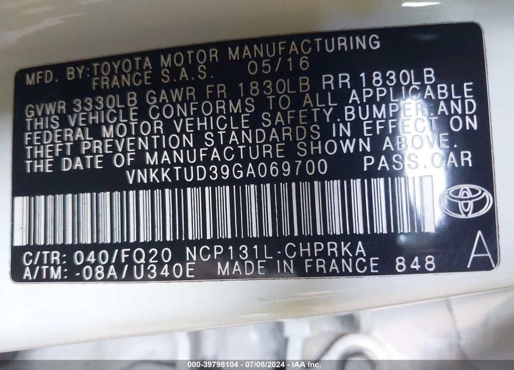 2016 TOYOTA YARIS L VIN: VNKKTUD39GA069700