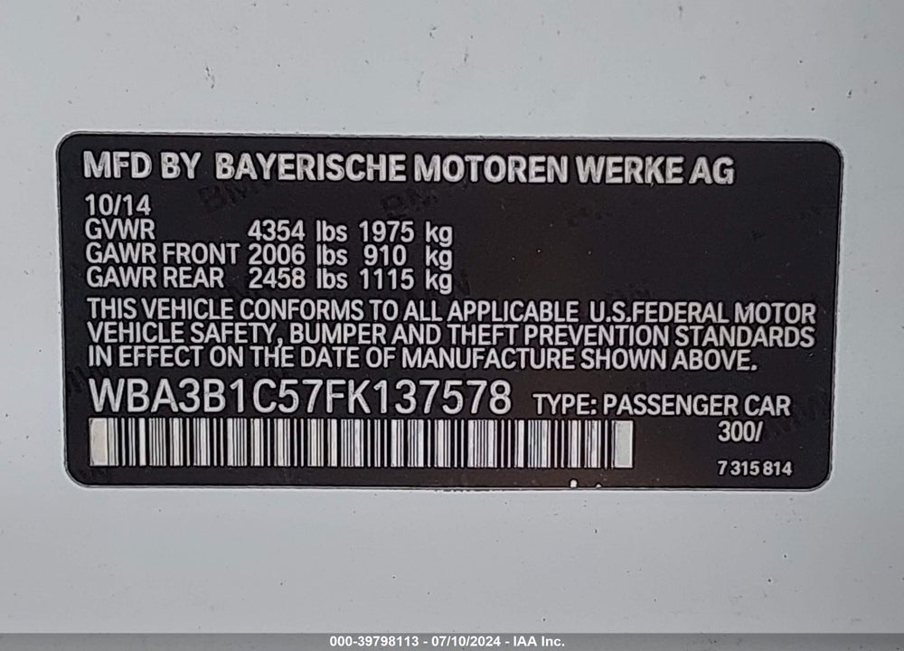 2015 BMW 320I VIN: WBA3B1C57FK137578