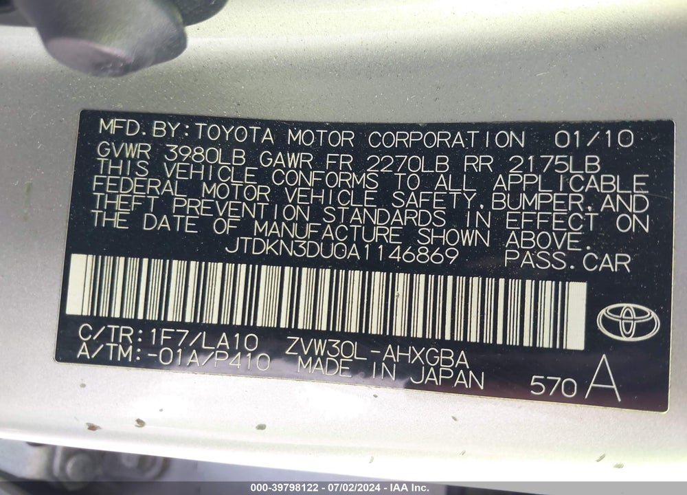 2010 TOYOTA PRIUS IV VIN: JTDKN3DU0A1146869
