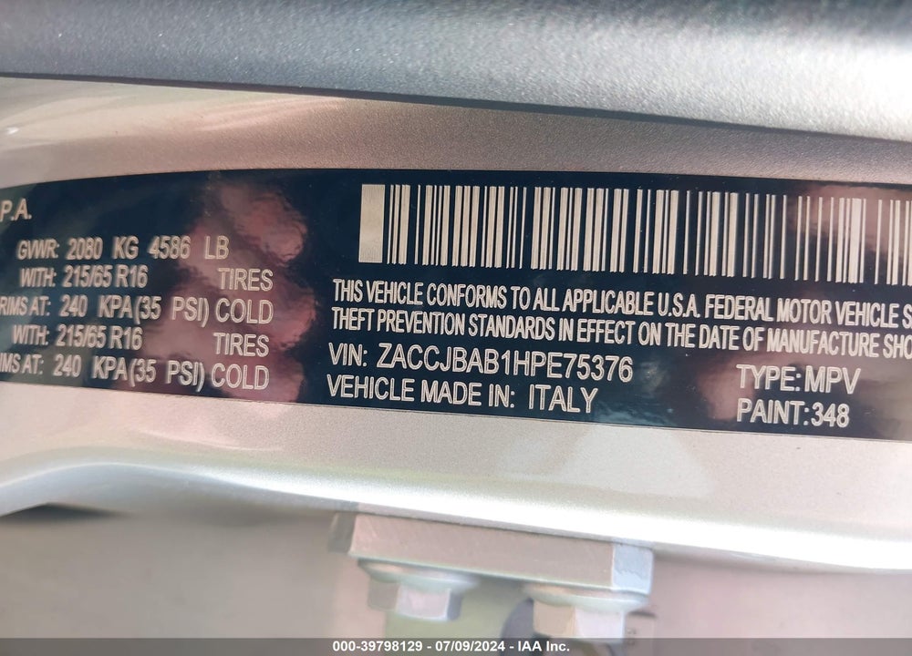 2017 JEEP RENEGADE VIN: ZACCJBAB1HPE75376