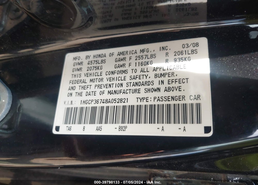 2008 HONDA ACCORD 3.5 EX VIN: 1HGCP36748A052821