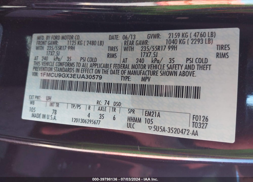 2014 FORD ESCAPE SE VIN: 1FMCU9GX3EUA30579