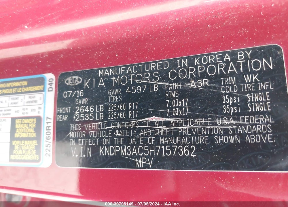2017 KIA SPORTAGE LX VIN: KNDPM3AC5H7157362