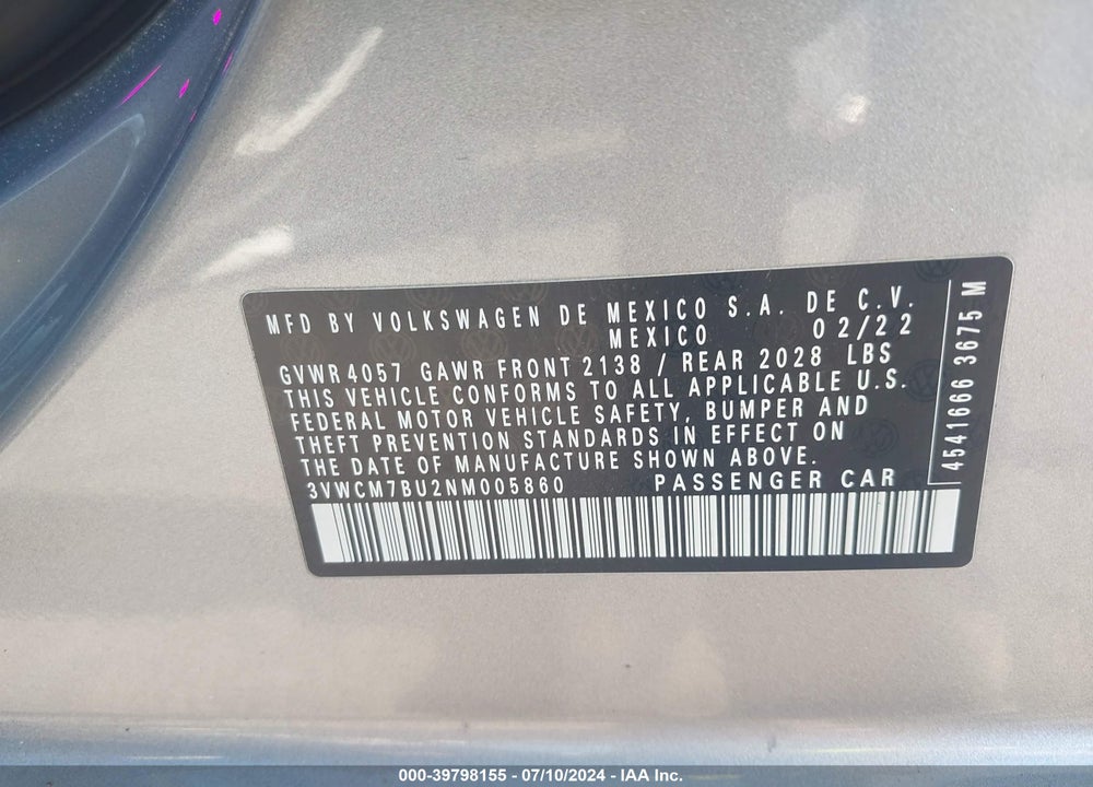 2022 VOLKSWAGEN JETTA 1.5T S VIN: 3VWCM7BU2NM005860