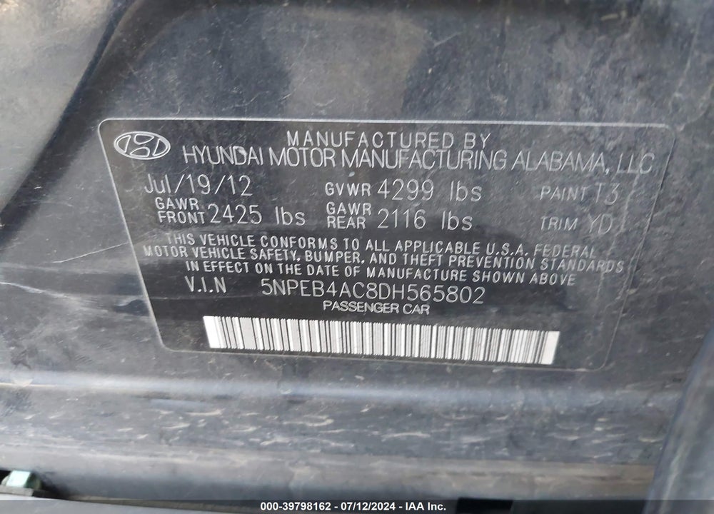 2013 HYUNDAI SONATA GLS VIN: 5NPEB4AC8DH565802