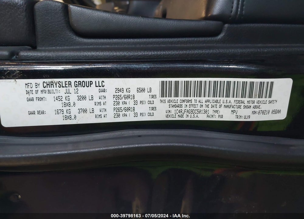 2013 JEEP GRAND CHEROKEE LAREDO VIN: 1C4RJFAG9DC501301