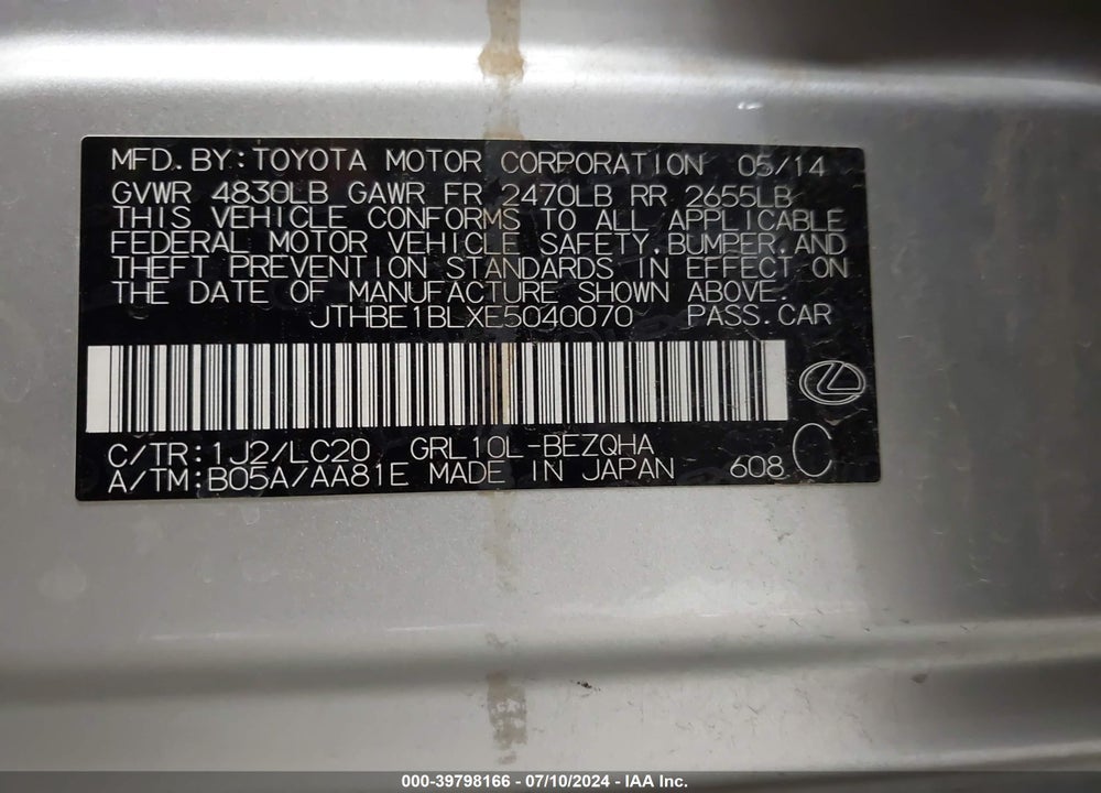 2014 LEXUS GS 350 VIN: JTHBE1BLXE5040070