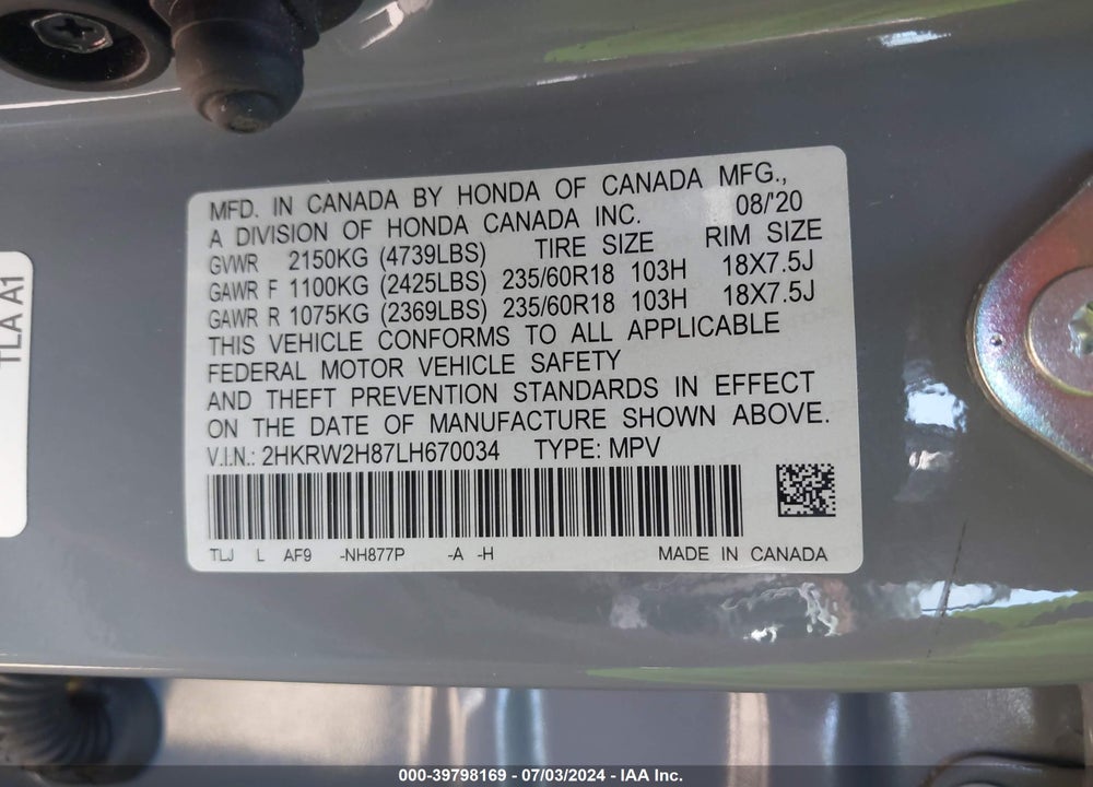 2020 HONDA CR-V AWD EX-L VIN: 2HKRW2H87LH670034