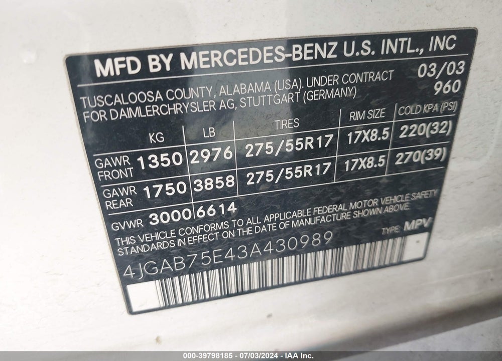 2003 MERCEDES-BENZ ML 500 VIN: 4JGAB75E43A430989