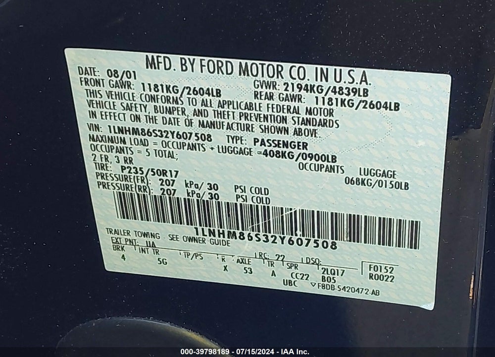 2002 LINCOLN LS V6 AUTO/V6 MANUAL/W/SPORT PKG VIN: 1LNHM86S32Y607508