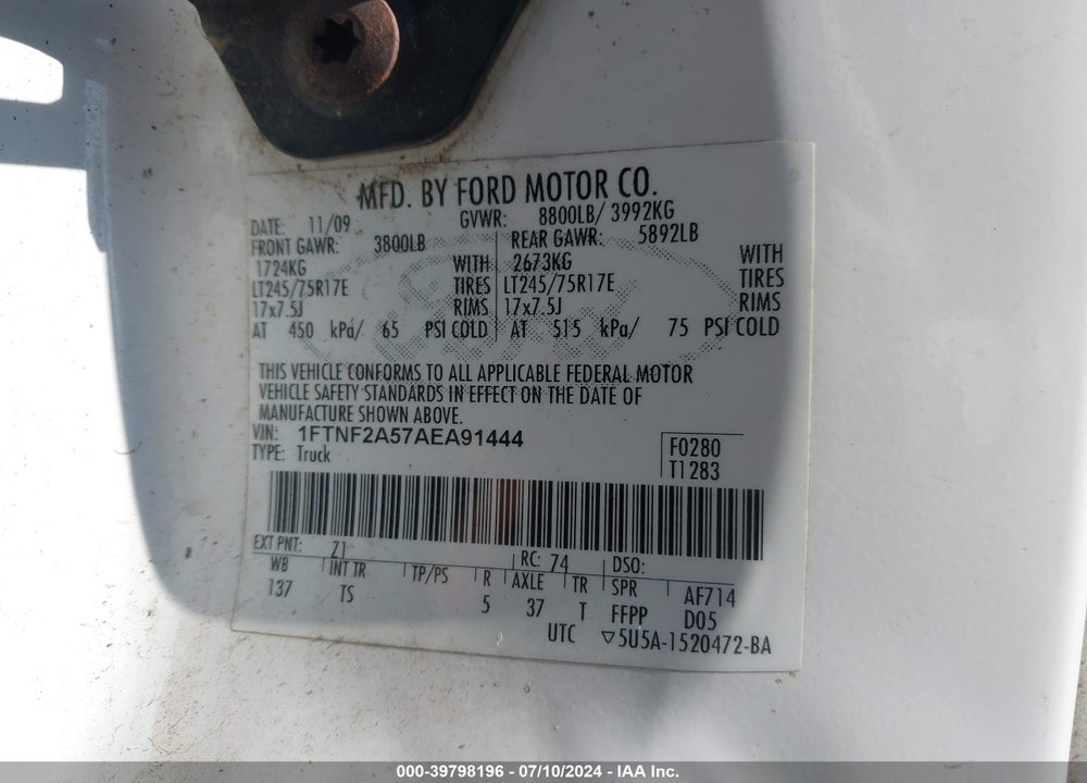 2010 FORD F-250 XL/XLT VIN: 1FTNF2A57AEA91444