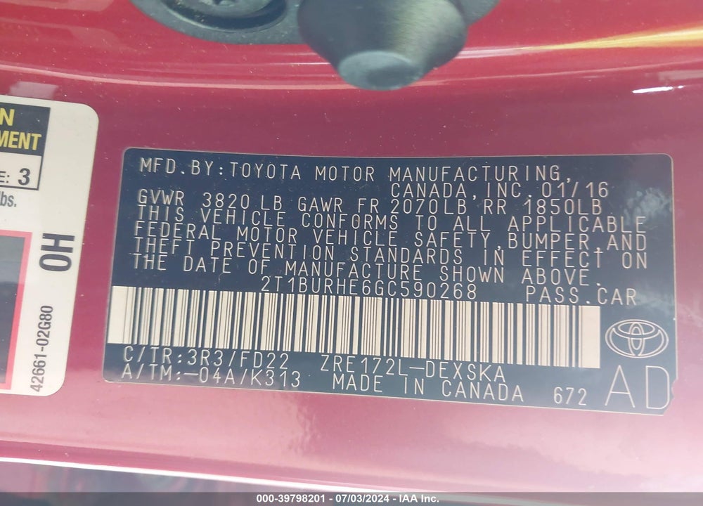 2016 TOYOTA COROLLA S PLUS VIN: 2T1BURHE6GC590268