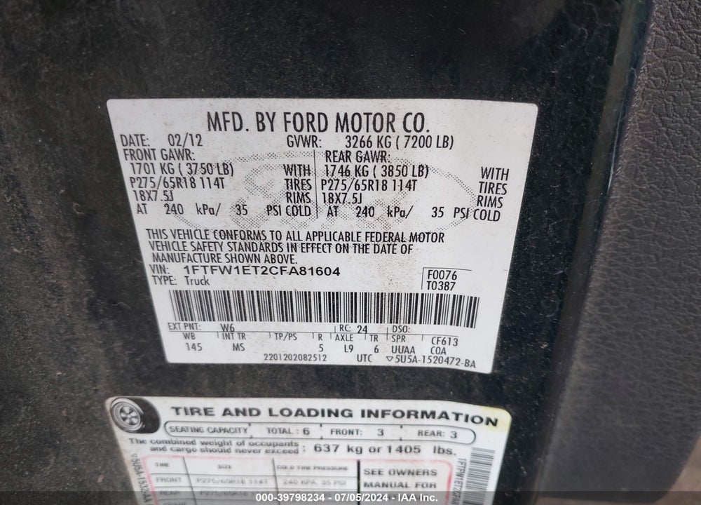 2012 FORD F-150 XLT VIN: 1FTFW1ET2CFA81604