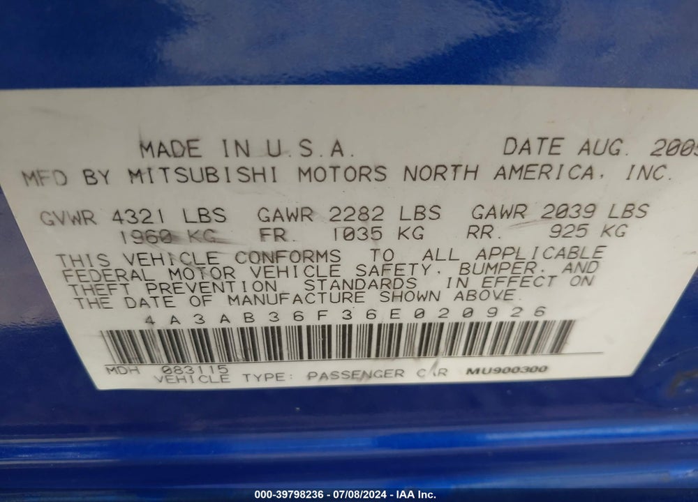 2006 MITSUBISHI GALANT ES/SE VIN: 4A3AB36F36E020926