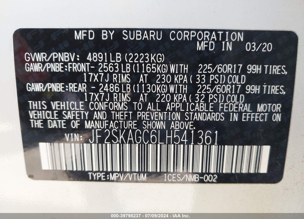 2020 SUBARU FORESTER PREMIUM VIN: JF2SKAGC6LH541361
