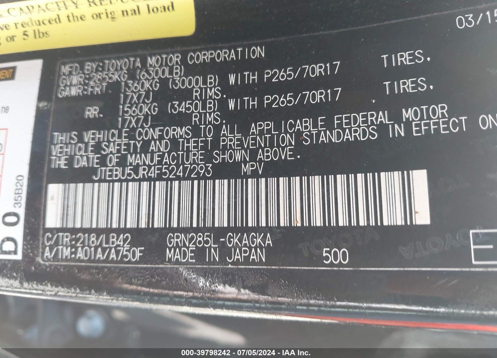 2015 TOYOTA 4RUNNER SR5 PREMIUM VIN: JTEBU5JR4F5247293